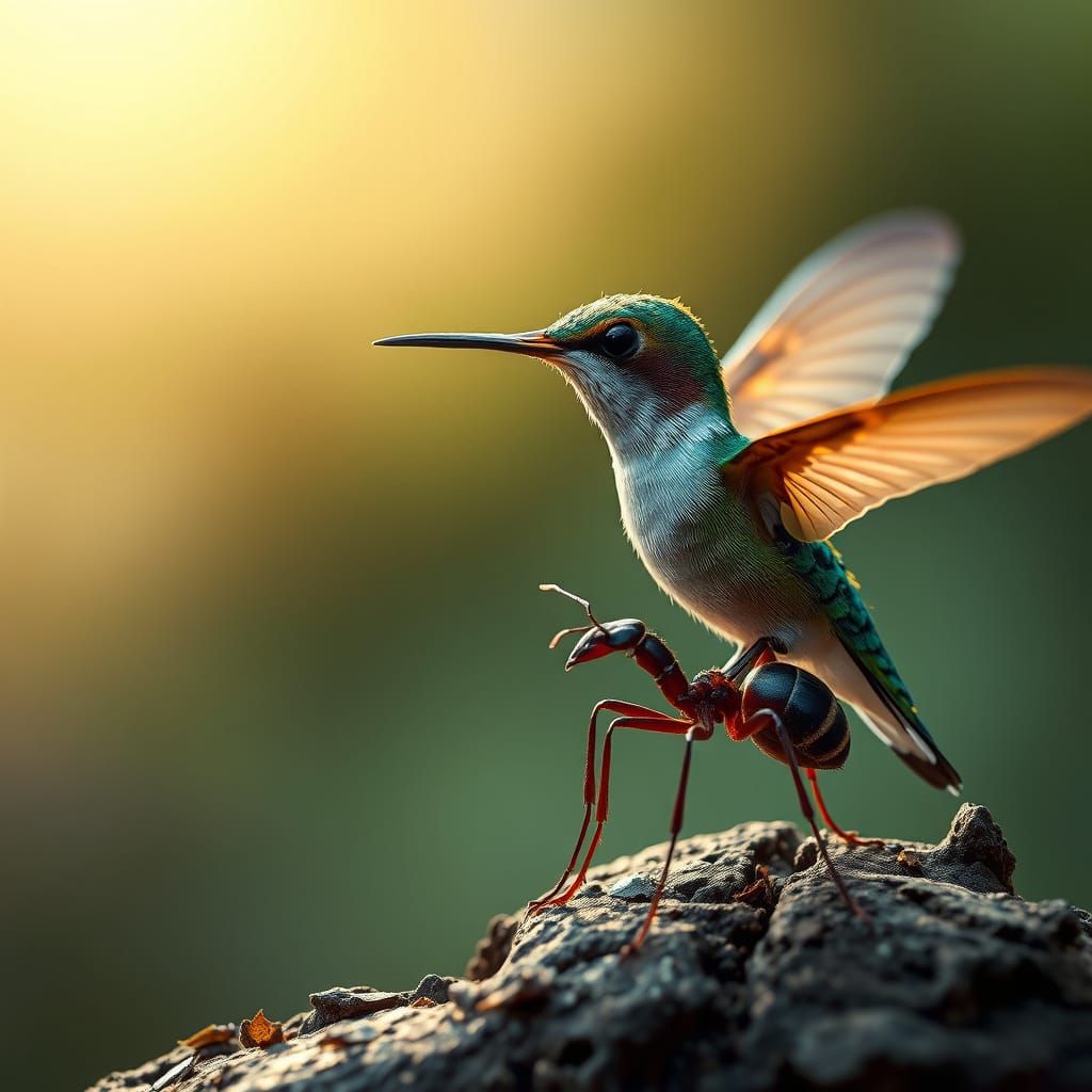Tiny Ant Beside Hummingbird, Realistic Scale