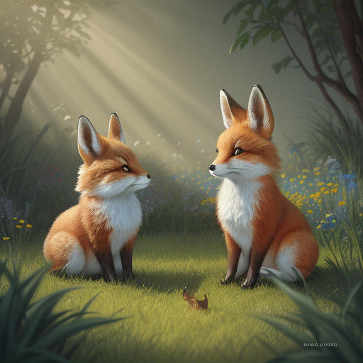 Whimsical Scene of Playful Baby Rabbit and Fox in a Vibrant....