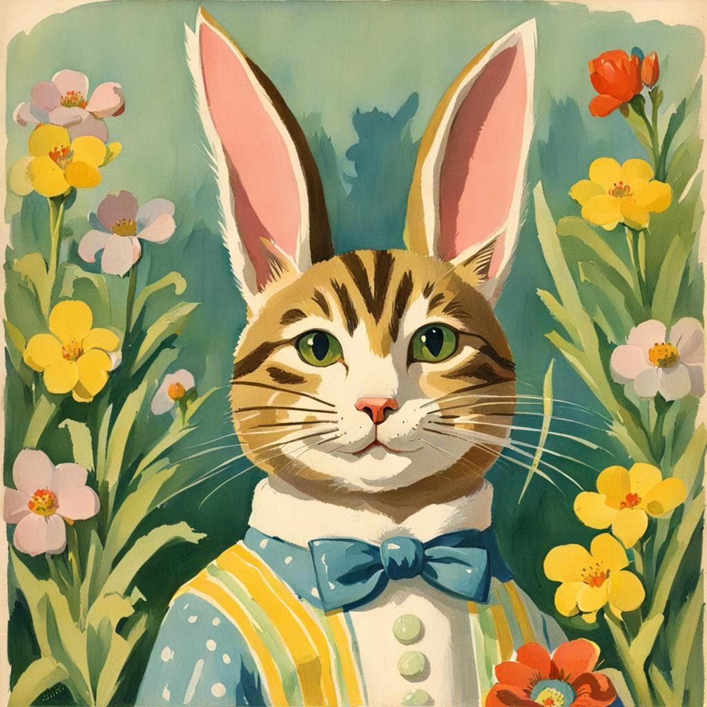 Cat as Easter Bunny: 1920s Gouache Illustration