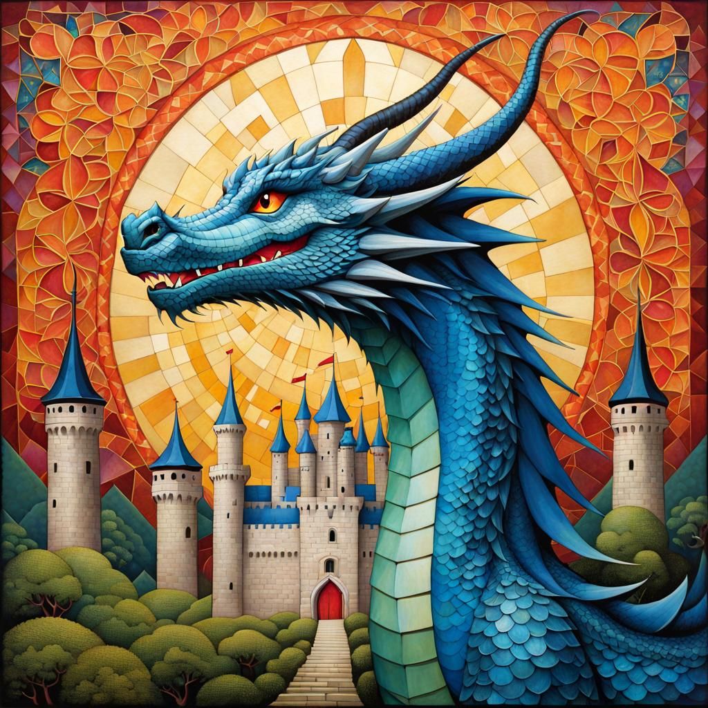 Majestic Dragon Portrait with Castle, Storybook Illustration