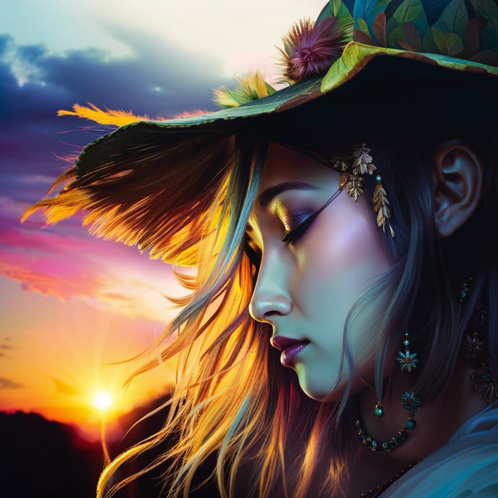 Woman Enjoying Sunset: Hyperdetailed Art by Alphonse Mucha