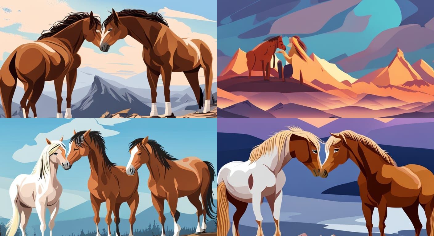 Horses Kissing on Mountain in Paint-by-Numbers Style