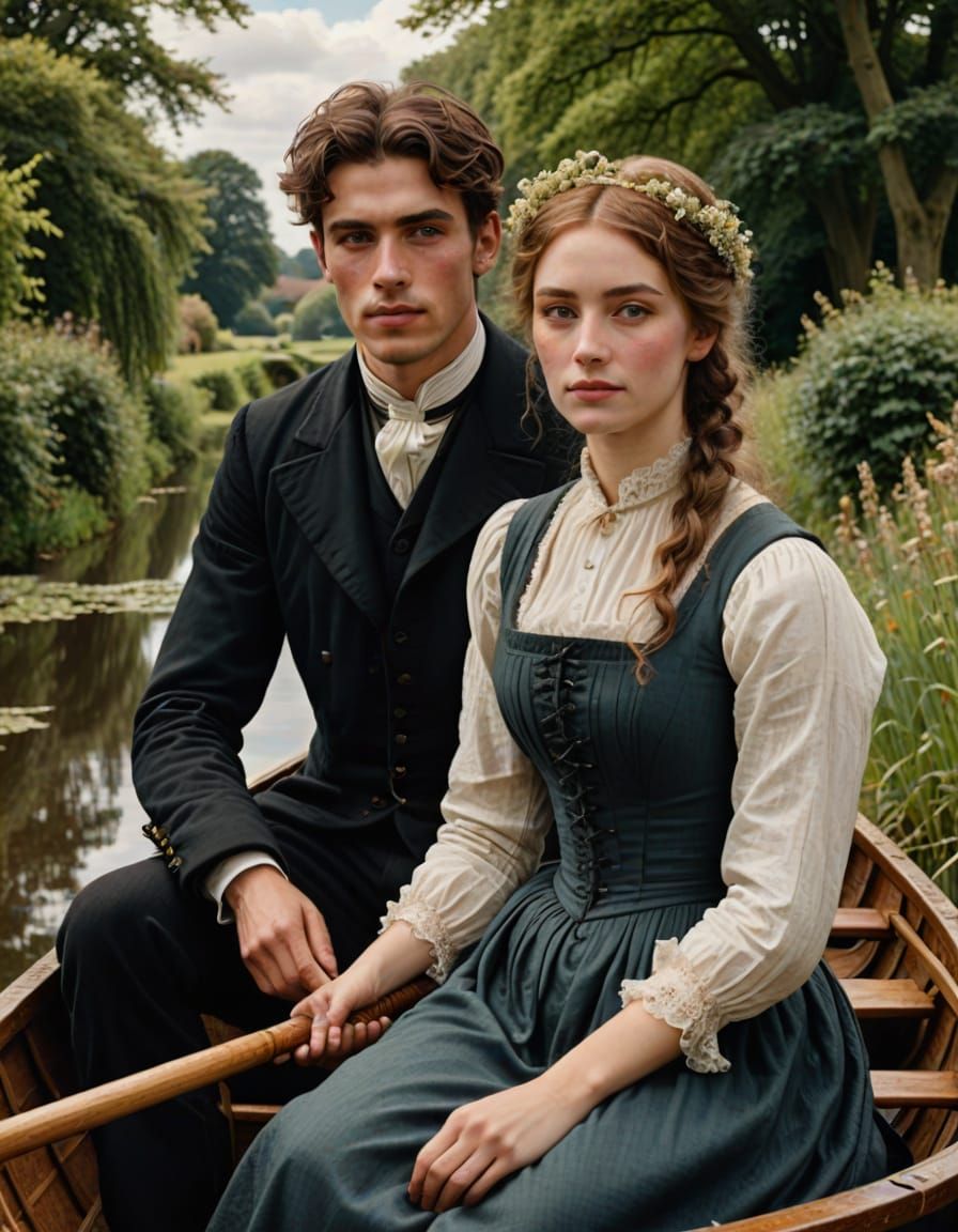 Victorian Couple Boating on English Canal