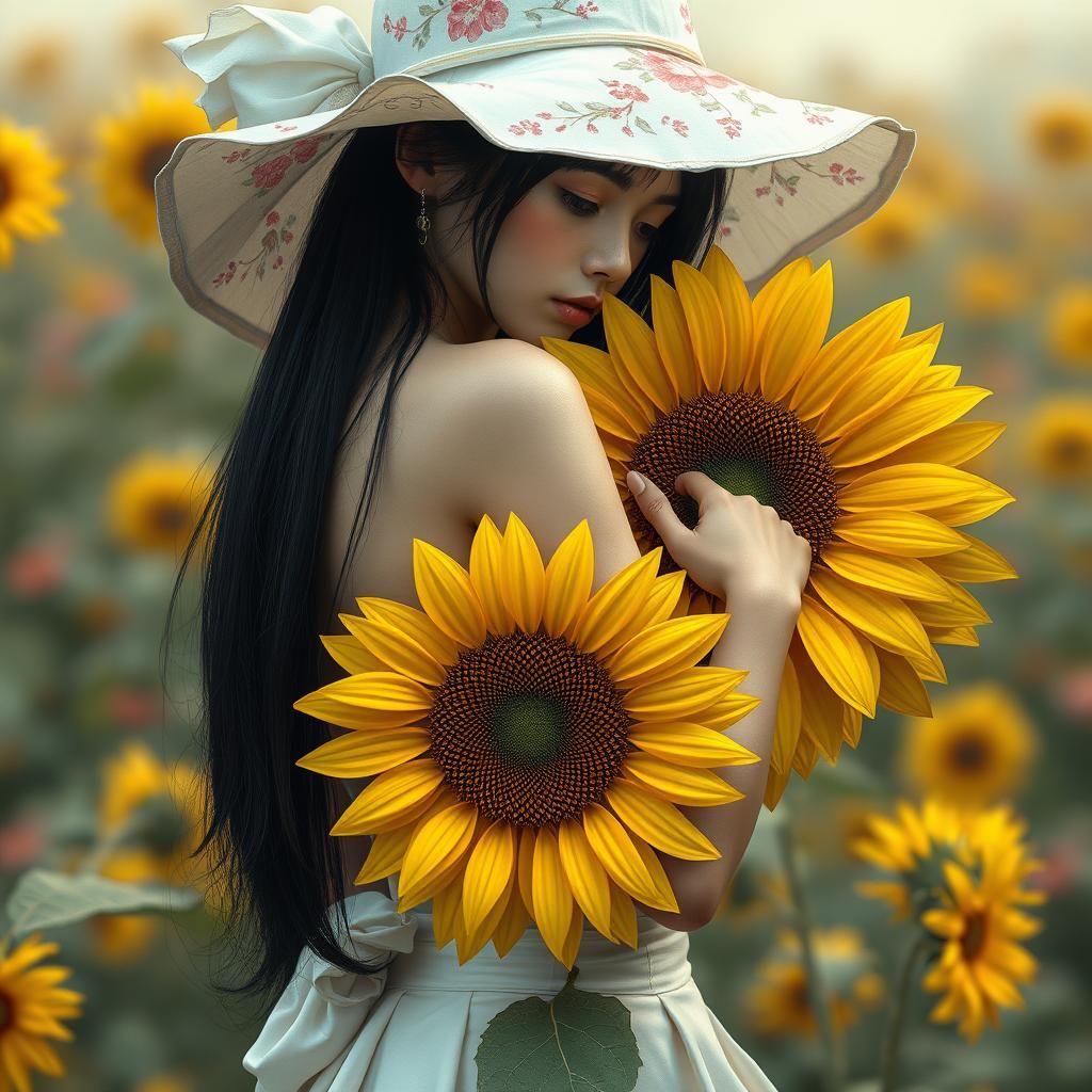 Whimsical Woman with Sunflower in Fantasy Style