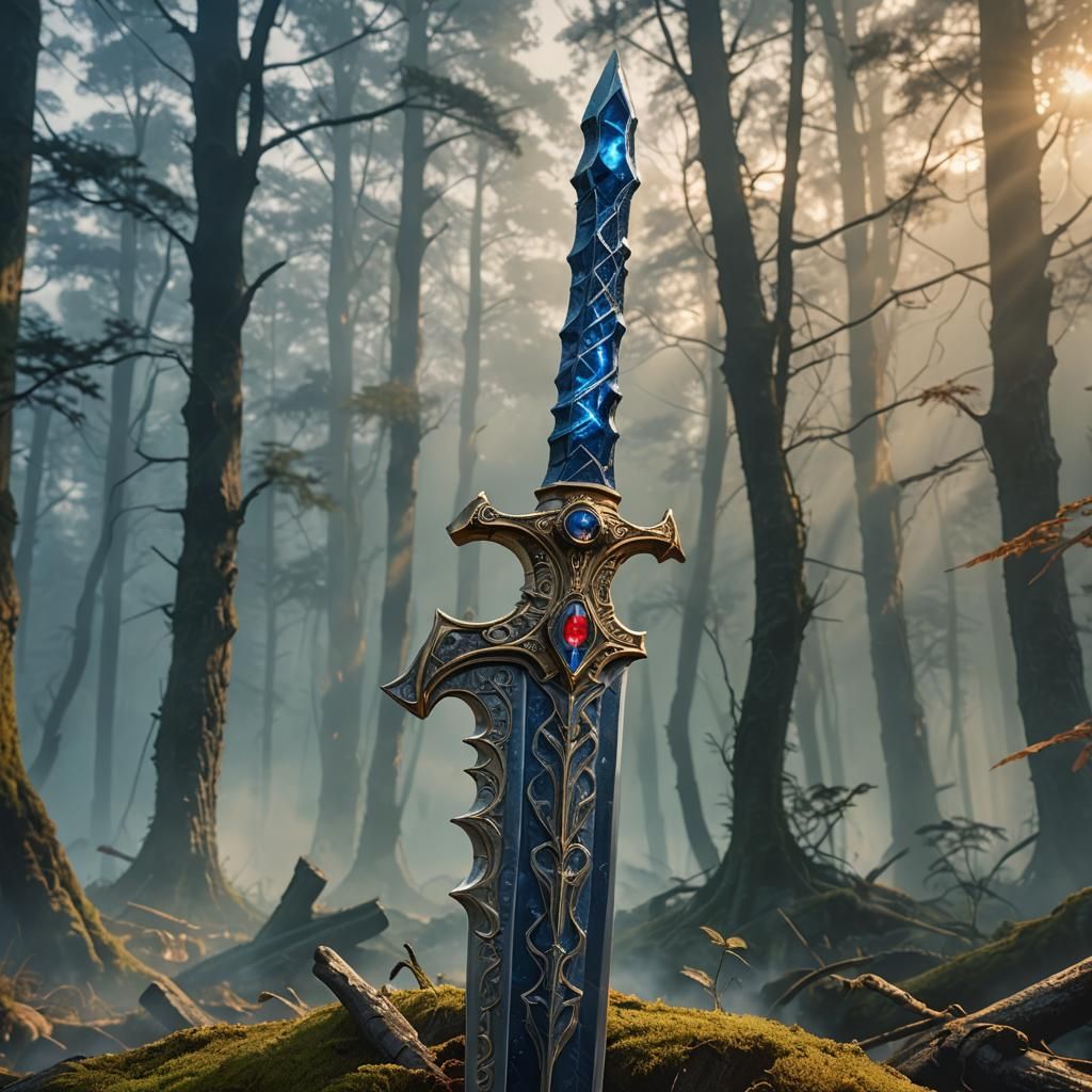 Mystical Sapphire Sword in Fantasy Forest Night
