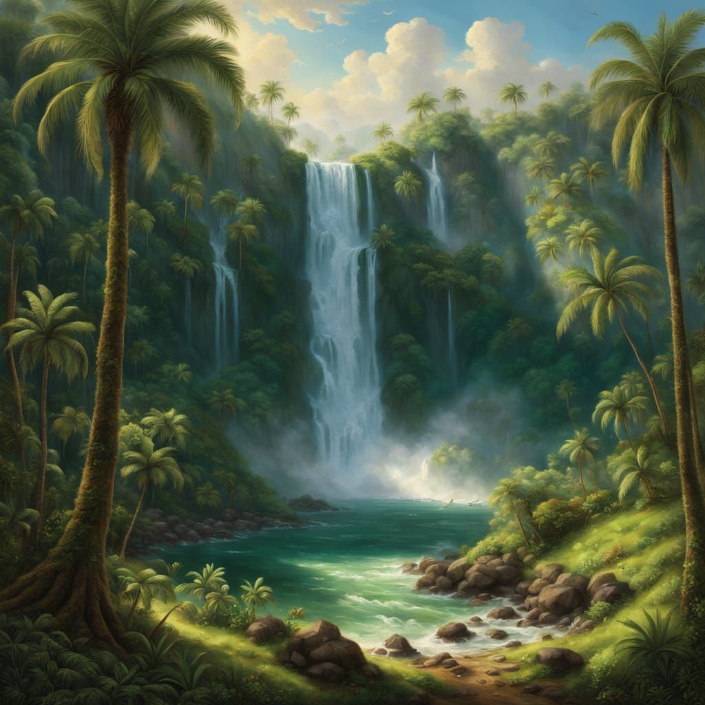Tropical Island Waterfall Scene in a Dreamy Aesthetic