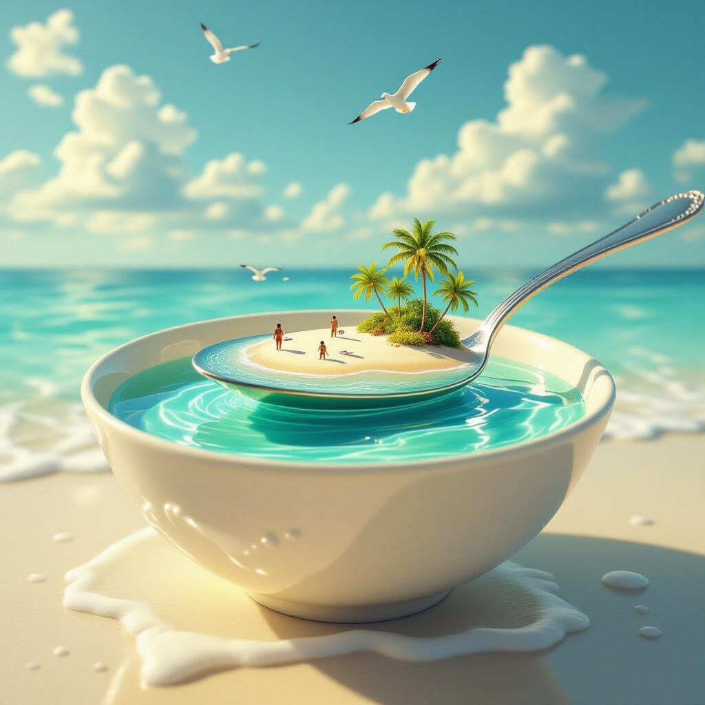 A highly realistic vertical photo of a silver spoon held above a ceramic bowl. Inside the spoon is a vivid tropical beac...