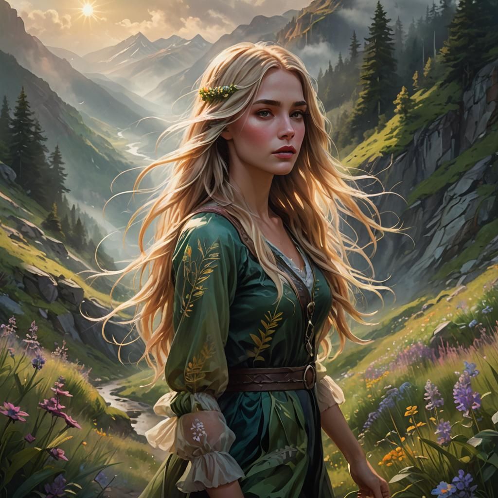 Blond Woman in Misty Mountain Landscape, Fantasy Art