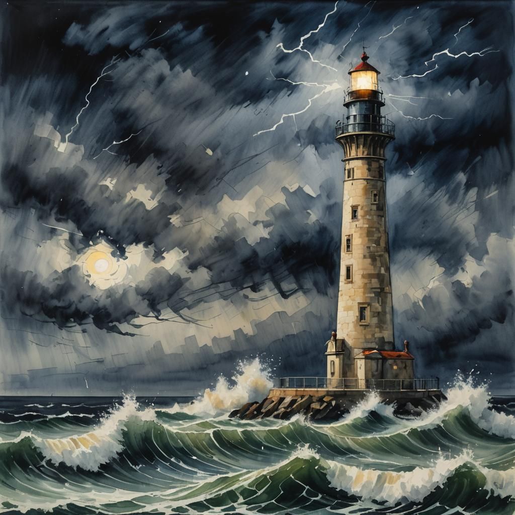 Dramatic Lighthouse in Stormy Impressionist Seascape