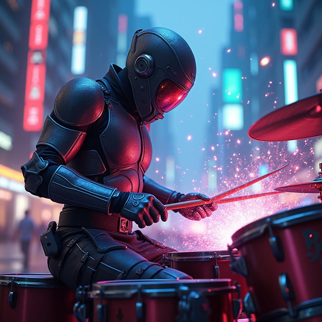 Cyberpunk Drummer's Aurora Performance in Cityscape