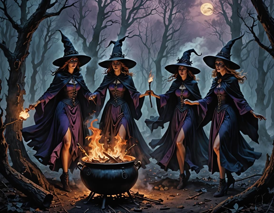 Witches Dancing Around Cauldron in Dark Fantasy Airbrush Art