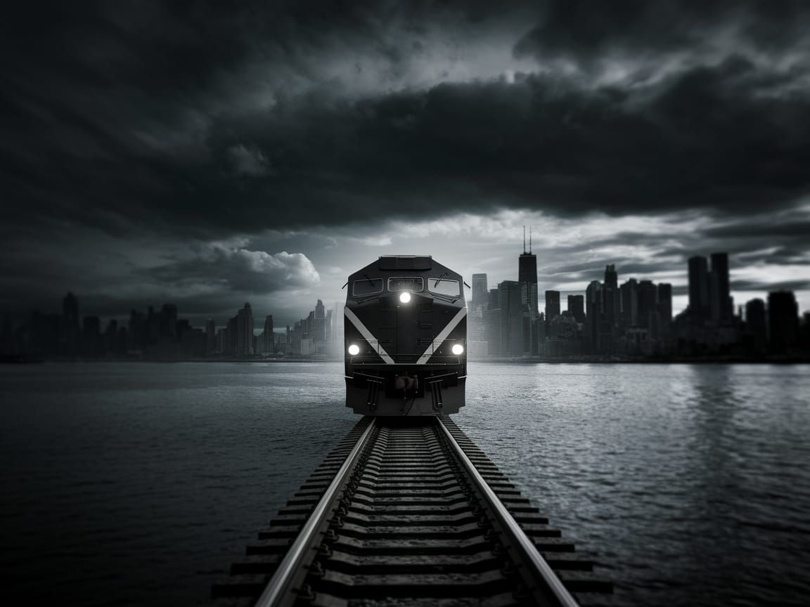 Train Chugs Along Water's Edge Under Dark City Skyline