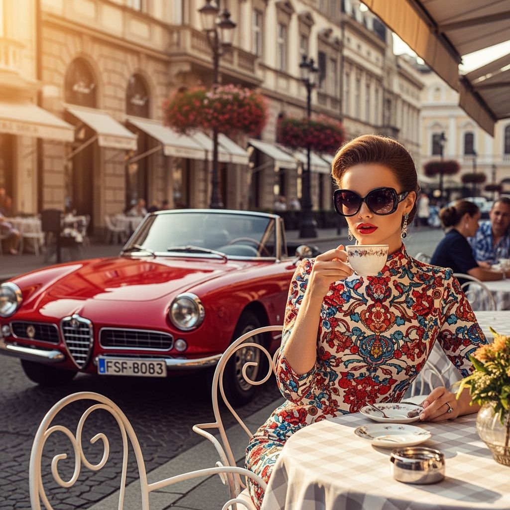 Glamorous Woman at Cafe with Sports Car