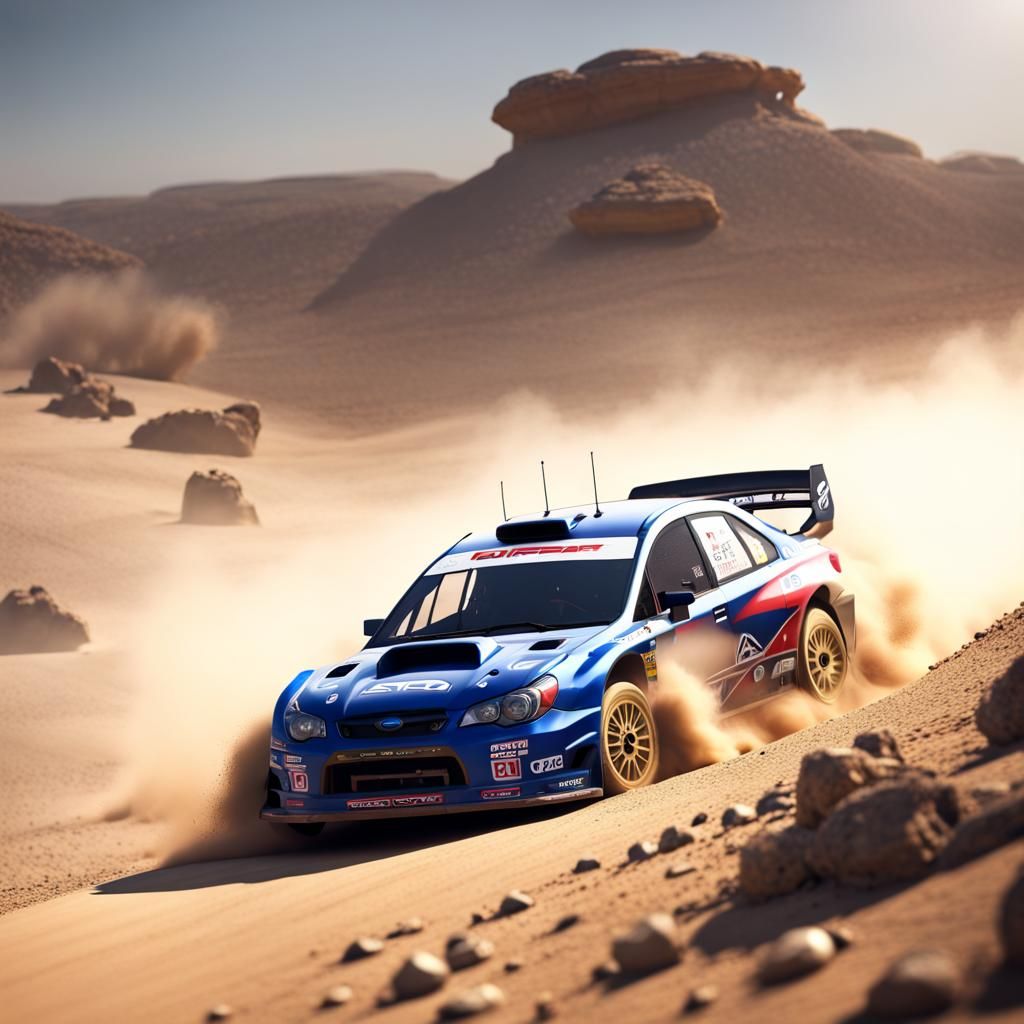 Subaru impreza wrc rallye car drifting in sharp curve dust d...