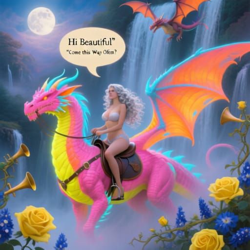 Neon Dragon Rider in Ethereal Fantasy Landscape