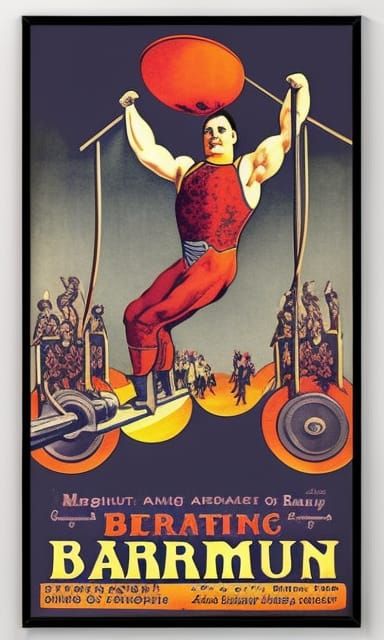 Vintage Circus Poster with Weightlifter in Retrofuturism Sty...