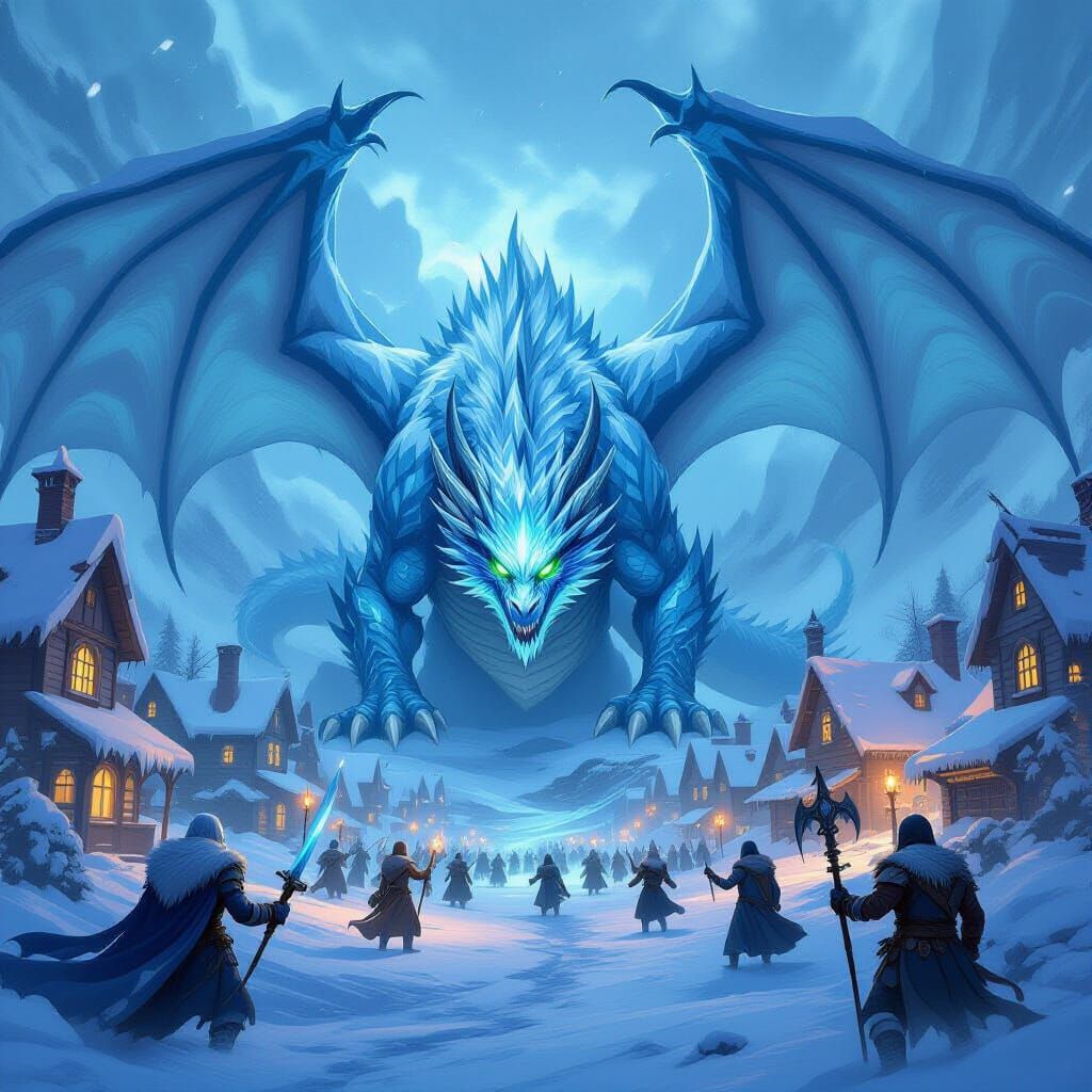 Arctic Dragon Over Frozen Town of Warlocks