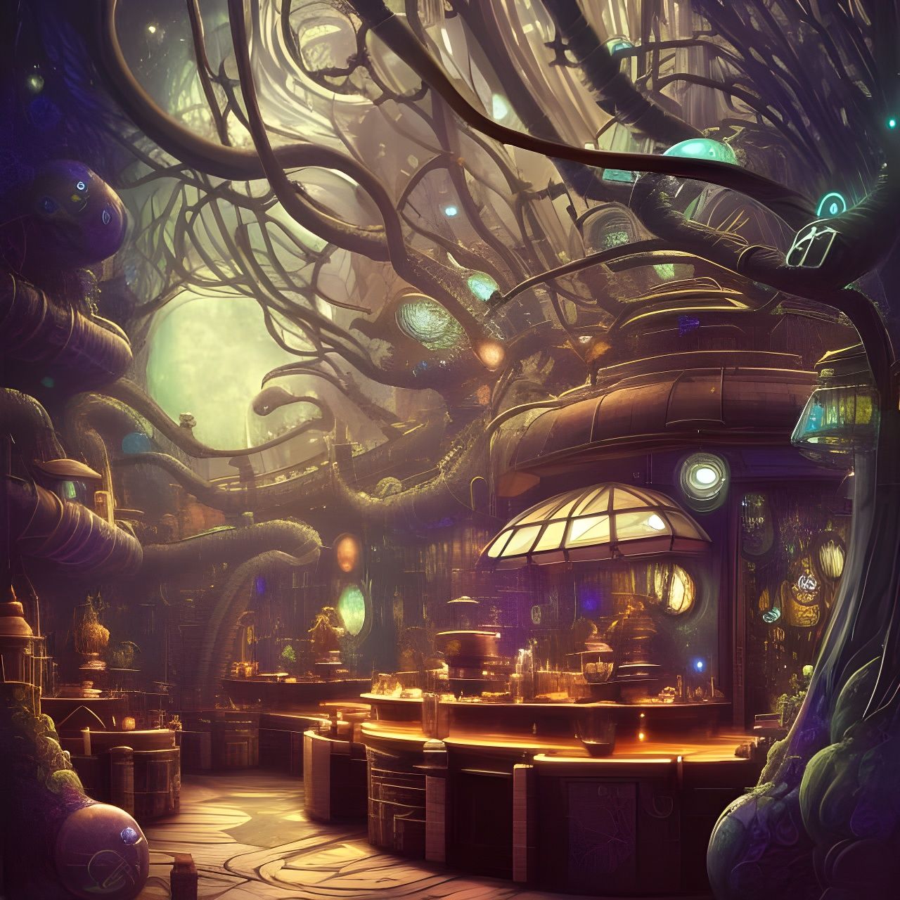 Steampunk Clockwork Coffee Shop in Cosmic Night