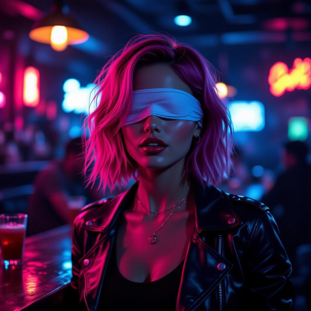Energetic Dancer with Bandaged Eye in Neon Bar