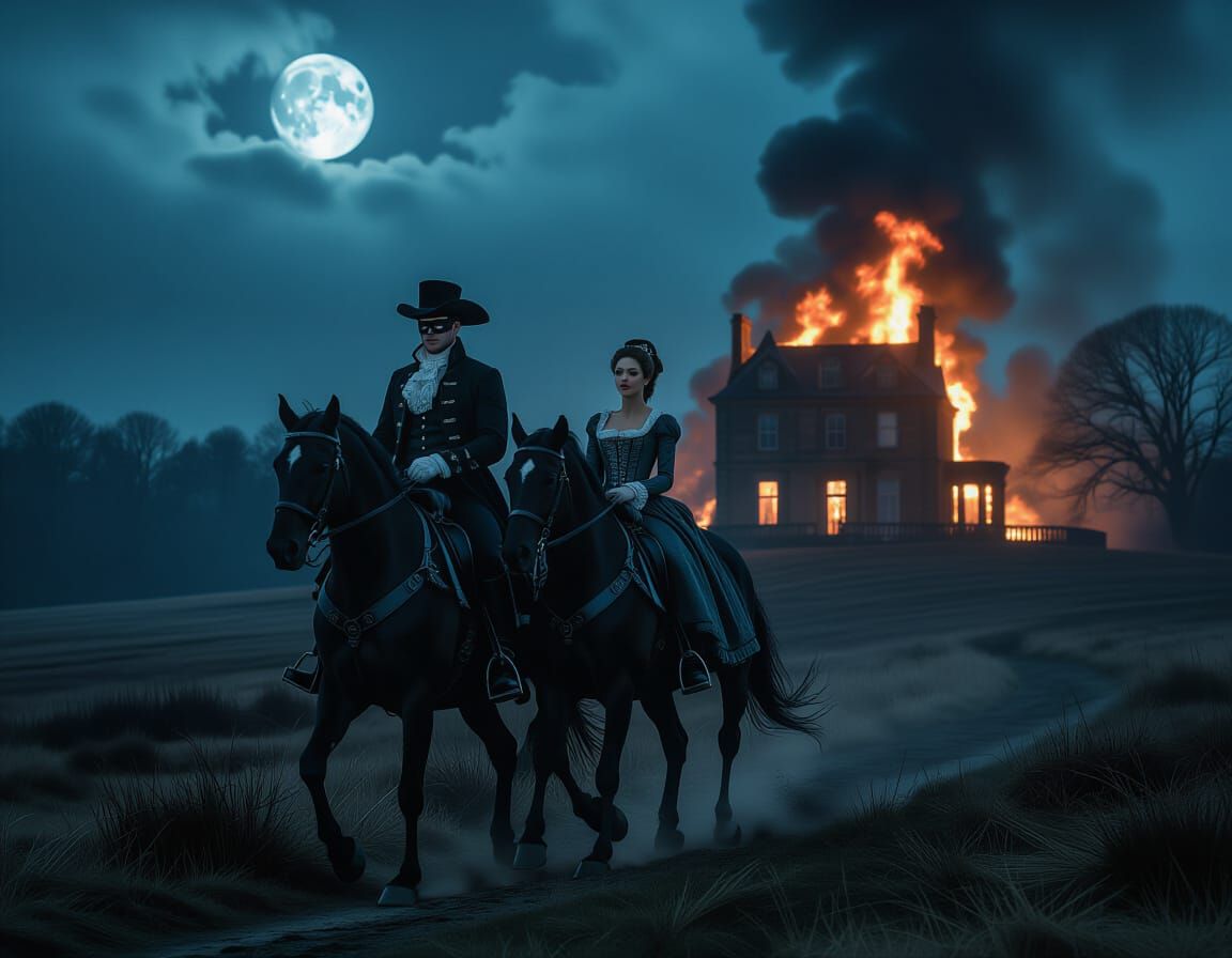 Bandit and Lady Ride Horse Across Fiery Moor at Night
