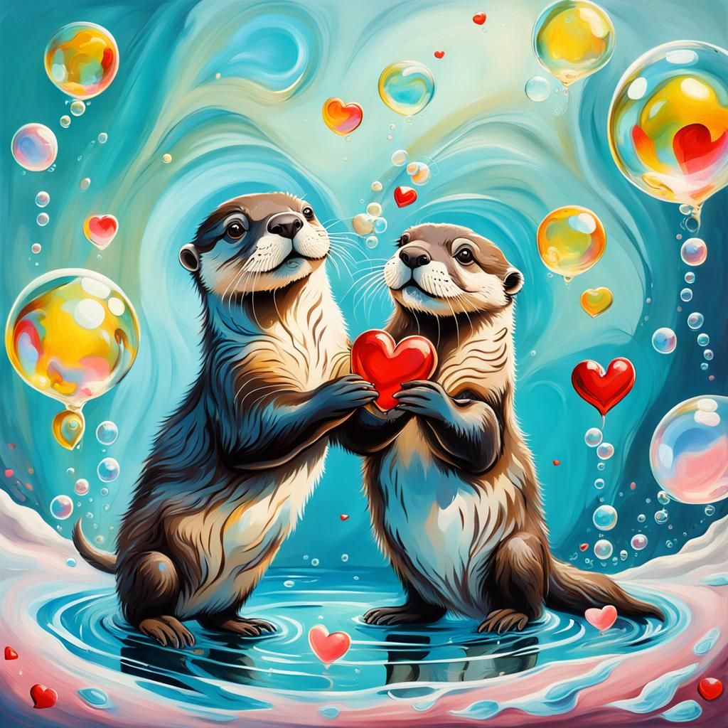 Romantic Otters in Surrealist Melting Oil Painting