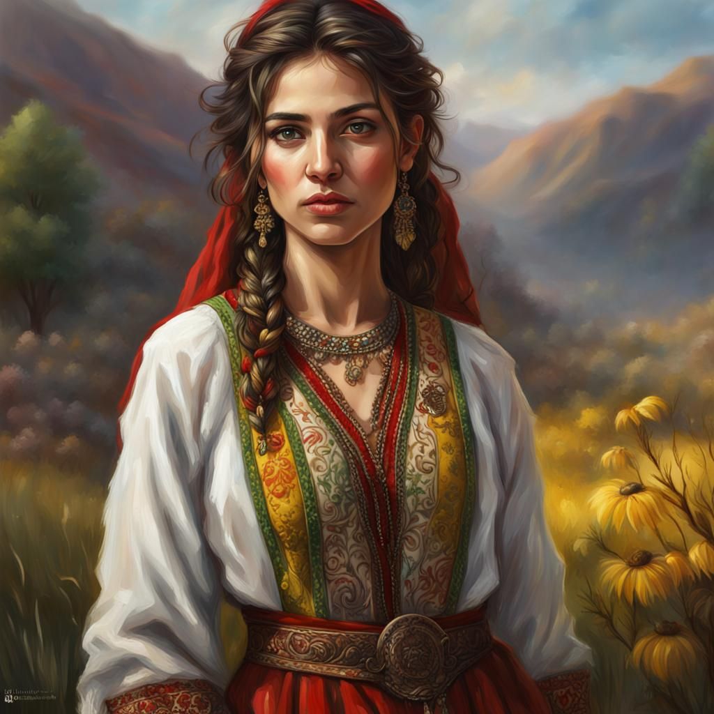 Beautiful Kurdish Girl Portrait in Oil Painting Style