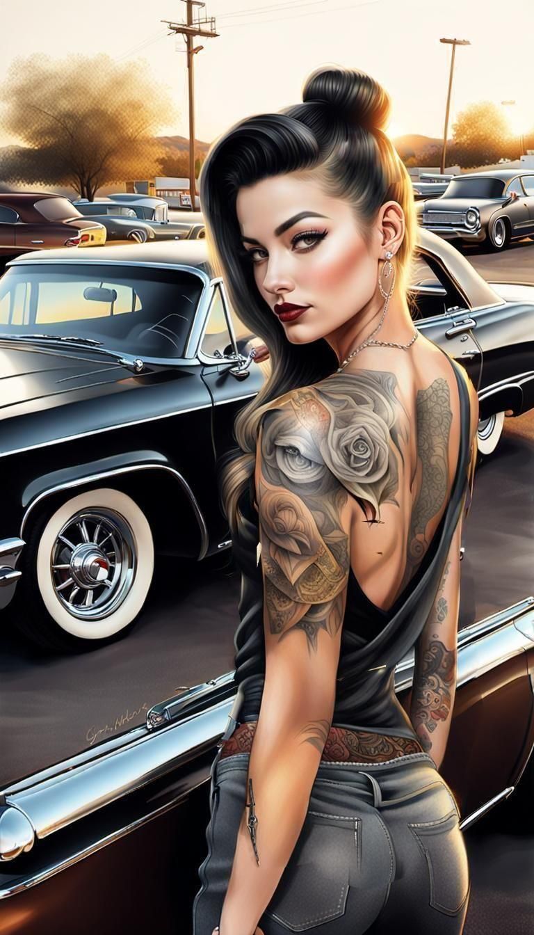 Rockabilly Selfie at Lowrider Car Show: Hyperrealistic Charc...