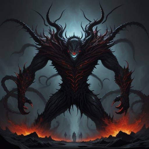 Gothic Colossus of Twisted Shadows and Blazing Orbs