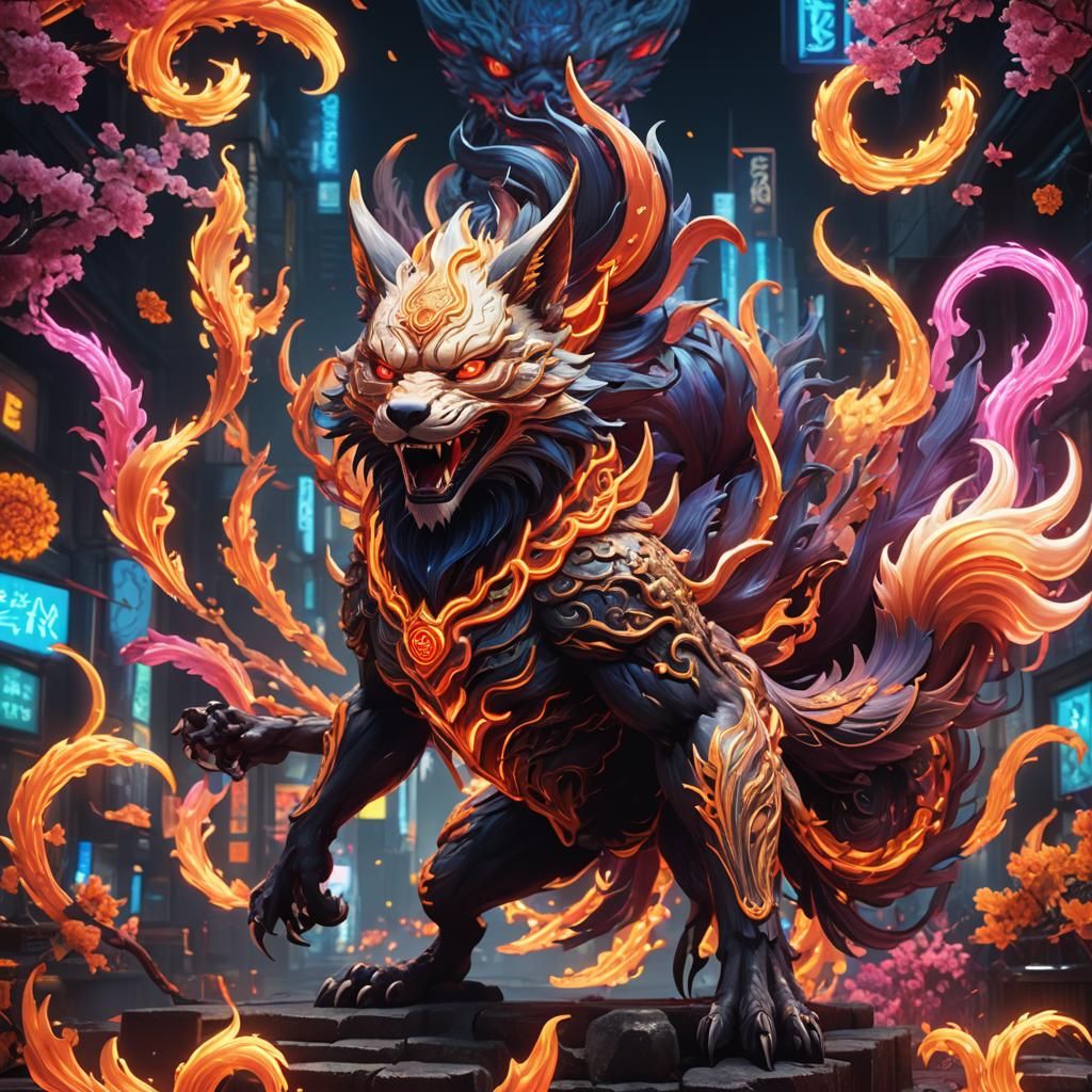 Neon Kitsune Nine-Tailed Fox Oni Digital Art