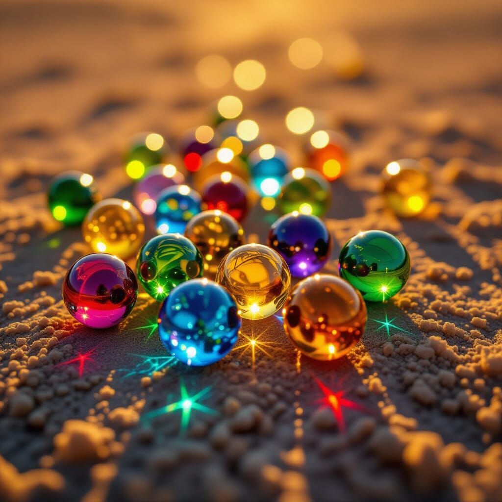Vibrant Glass Marbles on Dusty Earth at Golden Hour