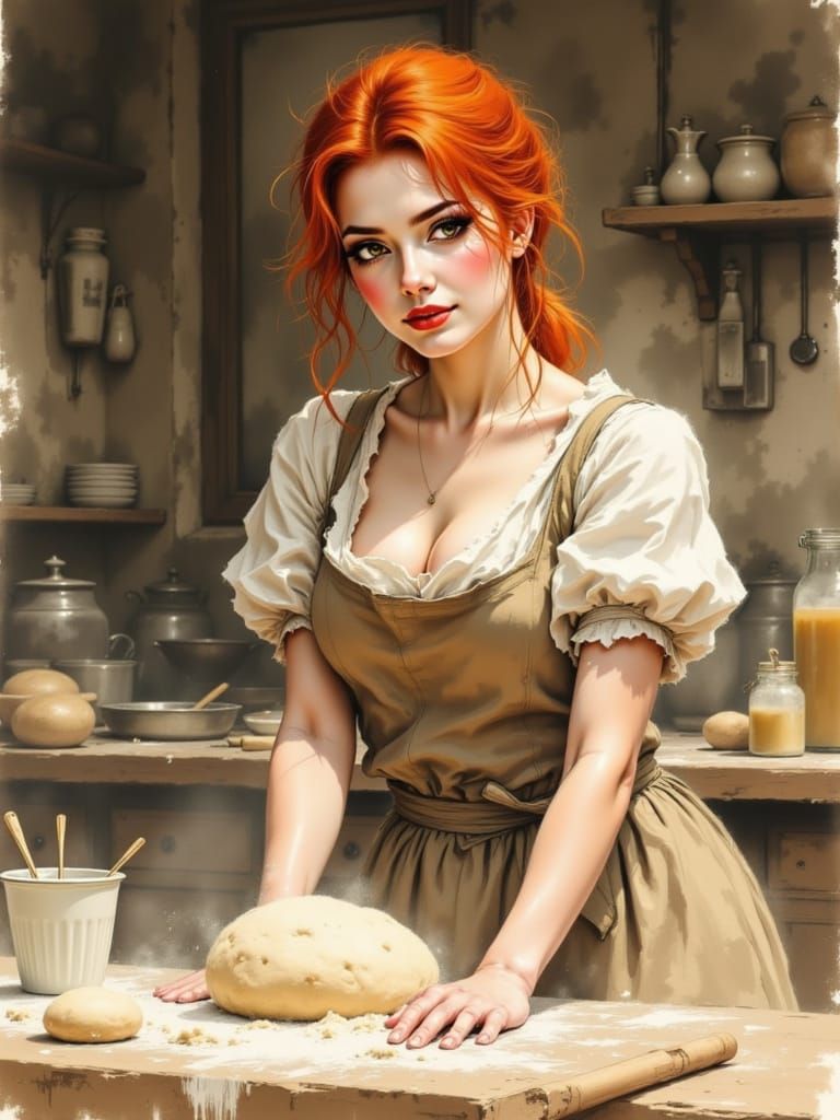 1500s Redhead Baker Flirting with Viewer in Kitchen