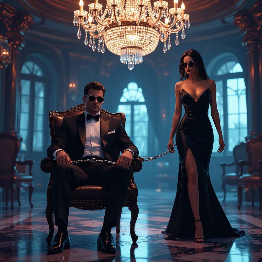 Man in Tuxedo Handcuffed, Woman Undoing Dress