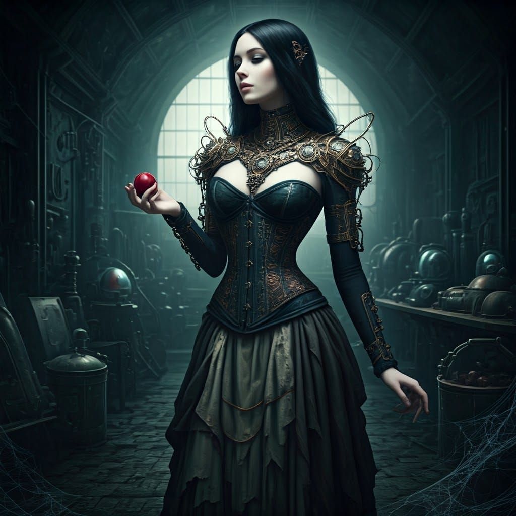 Gothic Woman with Plum in Cyberpunk Style