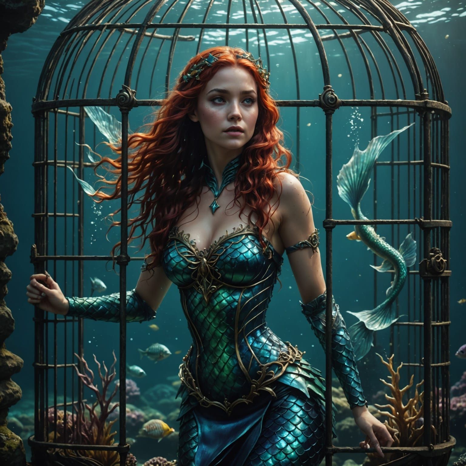 Underwater Mermaid in Cage: Fantasy Concept Art