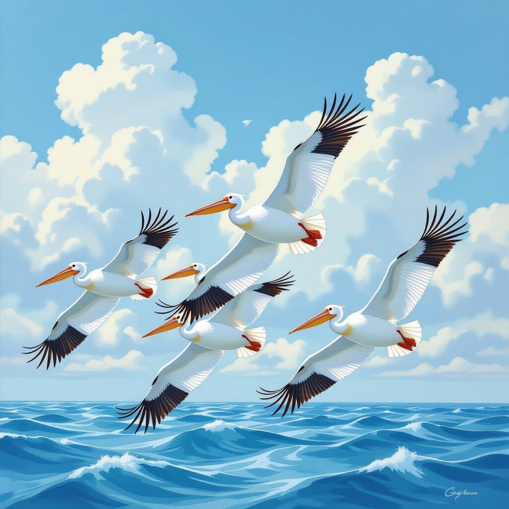 Pelicans Soaring Above Ocean in Watercolor Style