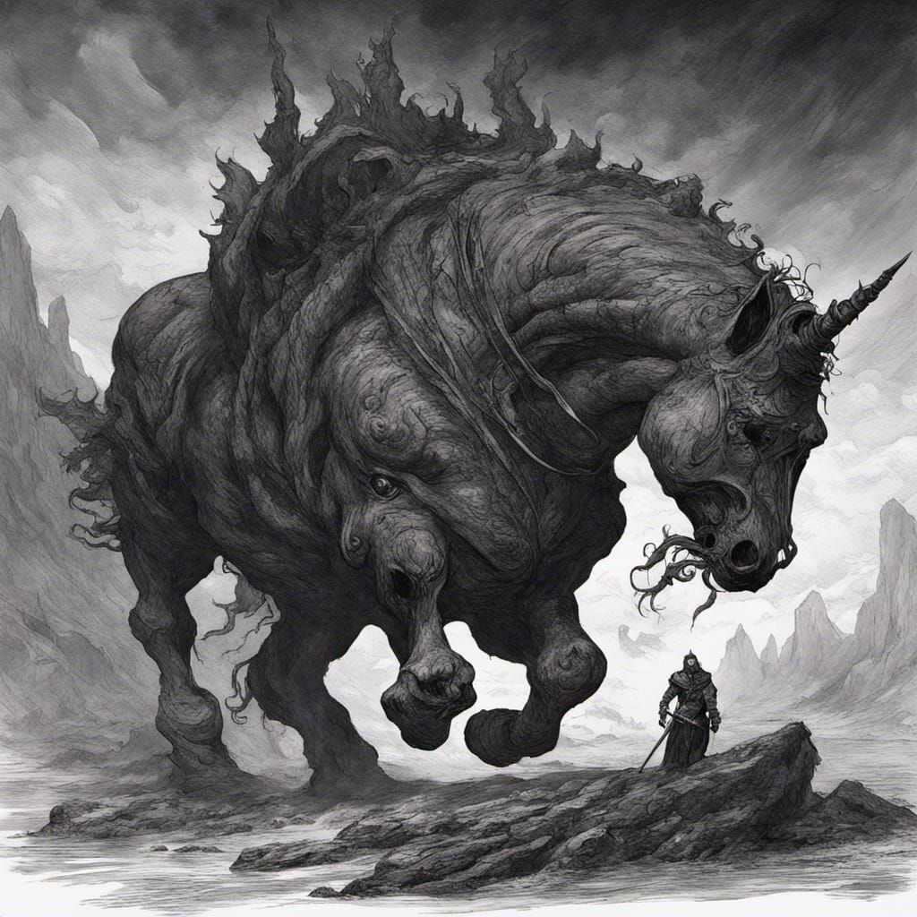 Lava Unicorn Ninja Warrior in Doré Style