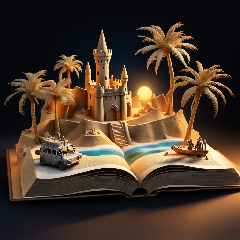Miniature Sandcastle Beach Scene Rising from Book