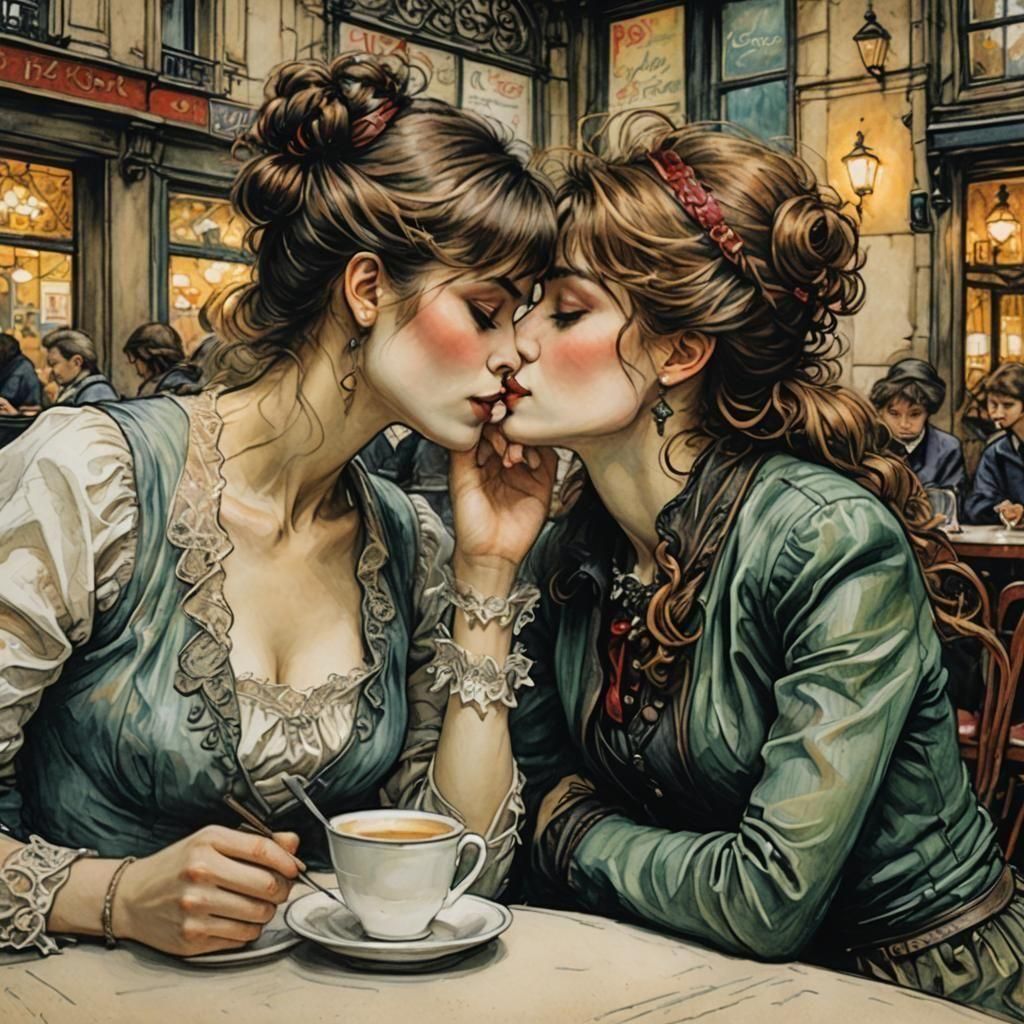Lesbians Kissing in Paris Cafe: Rococo Oil Pastel