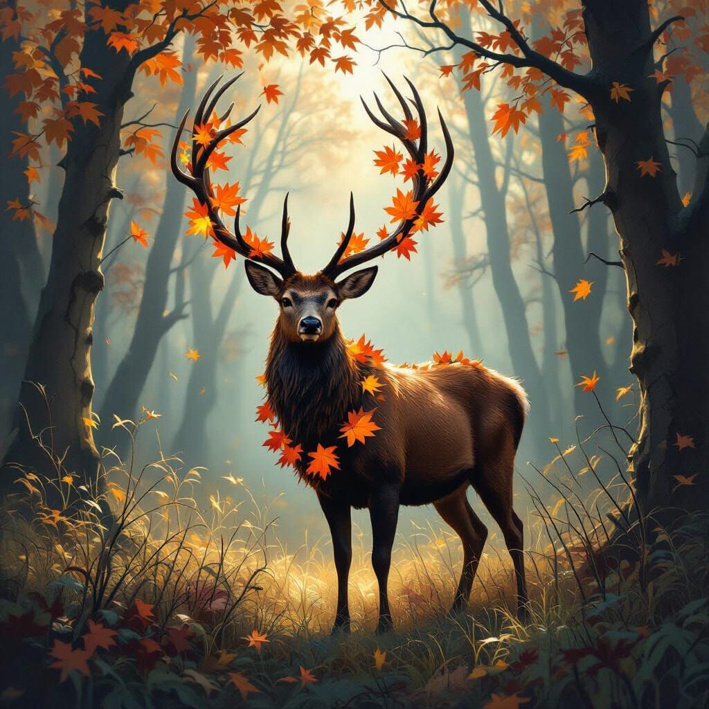 Majestic Deer with Autumn Leaves in Mystical Forest