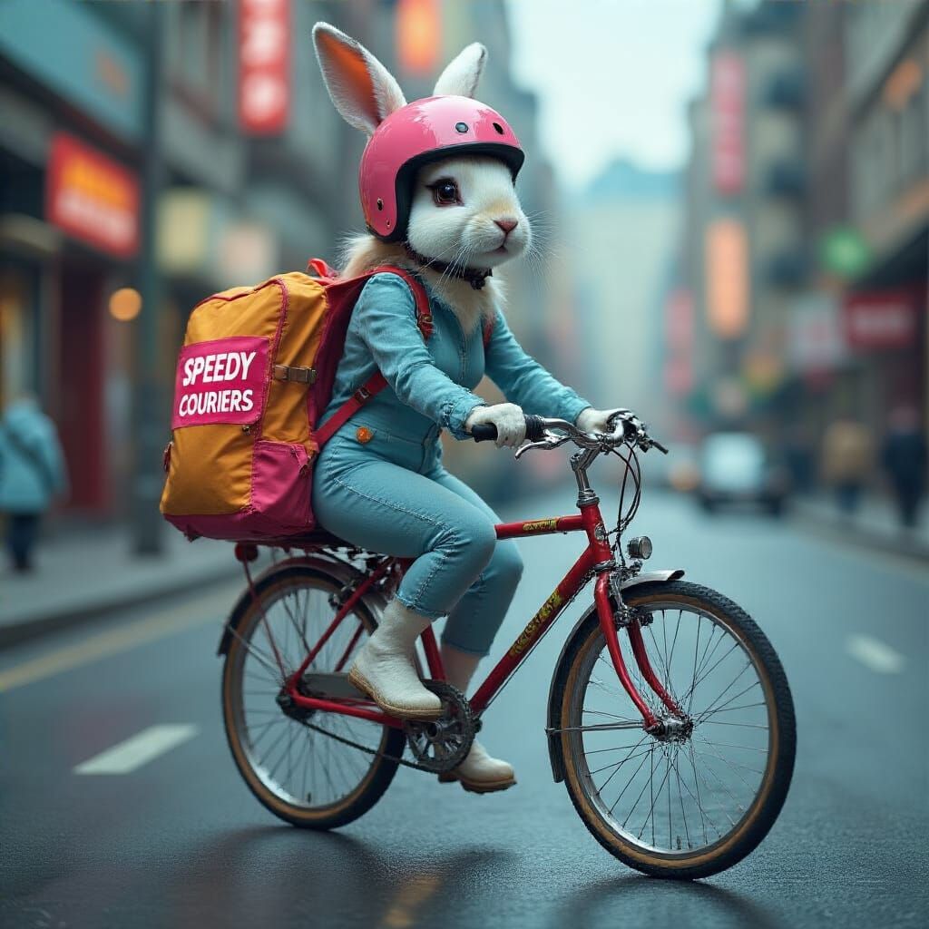 Anthropomorphic Rabbit Courier in Hyper-Saturated Cityscape