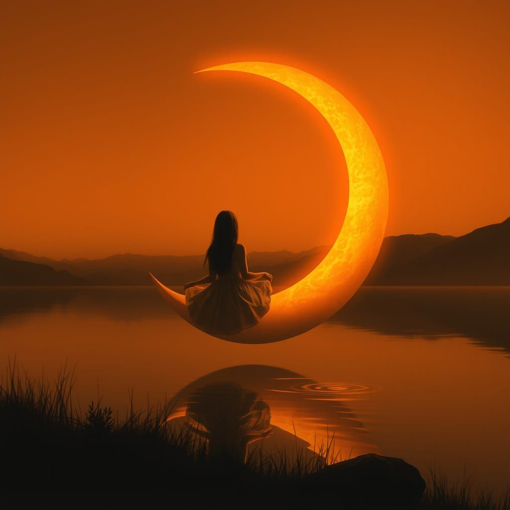 Golden Moonlit Serenity in Vibrant Orange