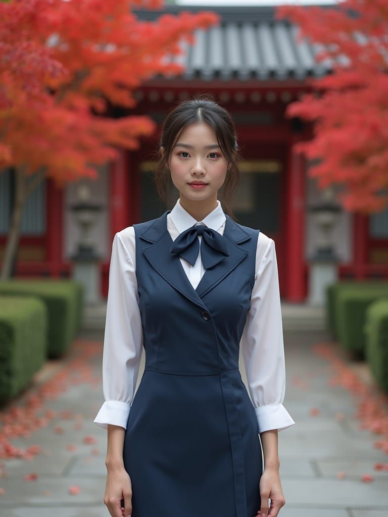 Autumn Shrine Maiden in Jumper Dress Posing for Tourist Post...