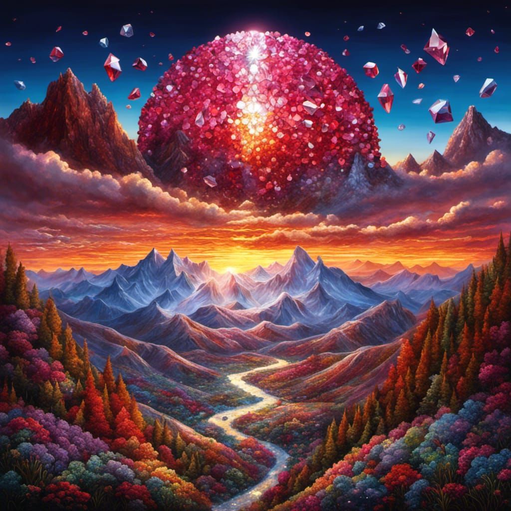Mountain Landscape Mosaic with Jewels and Gems