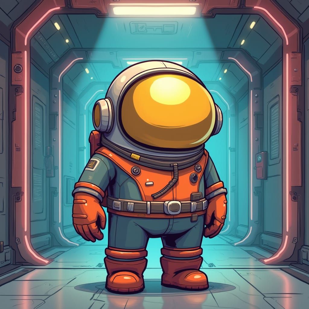 Surreal Space Crewmate Emerges from Futuristic Metallic Land...