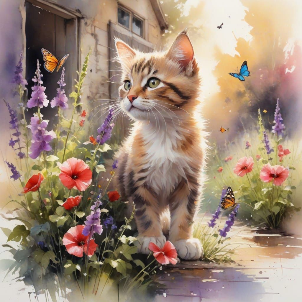 Kitten Chasing Butterflies in Watercolour Cottage Garden