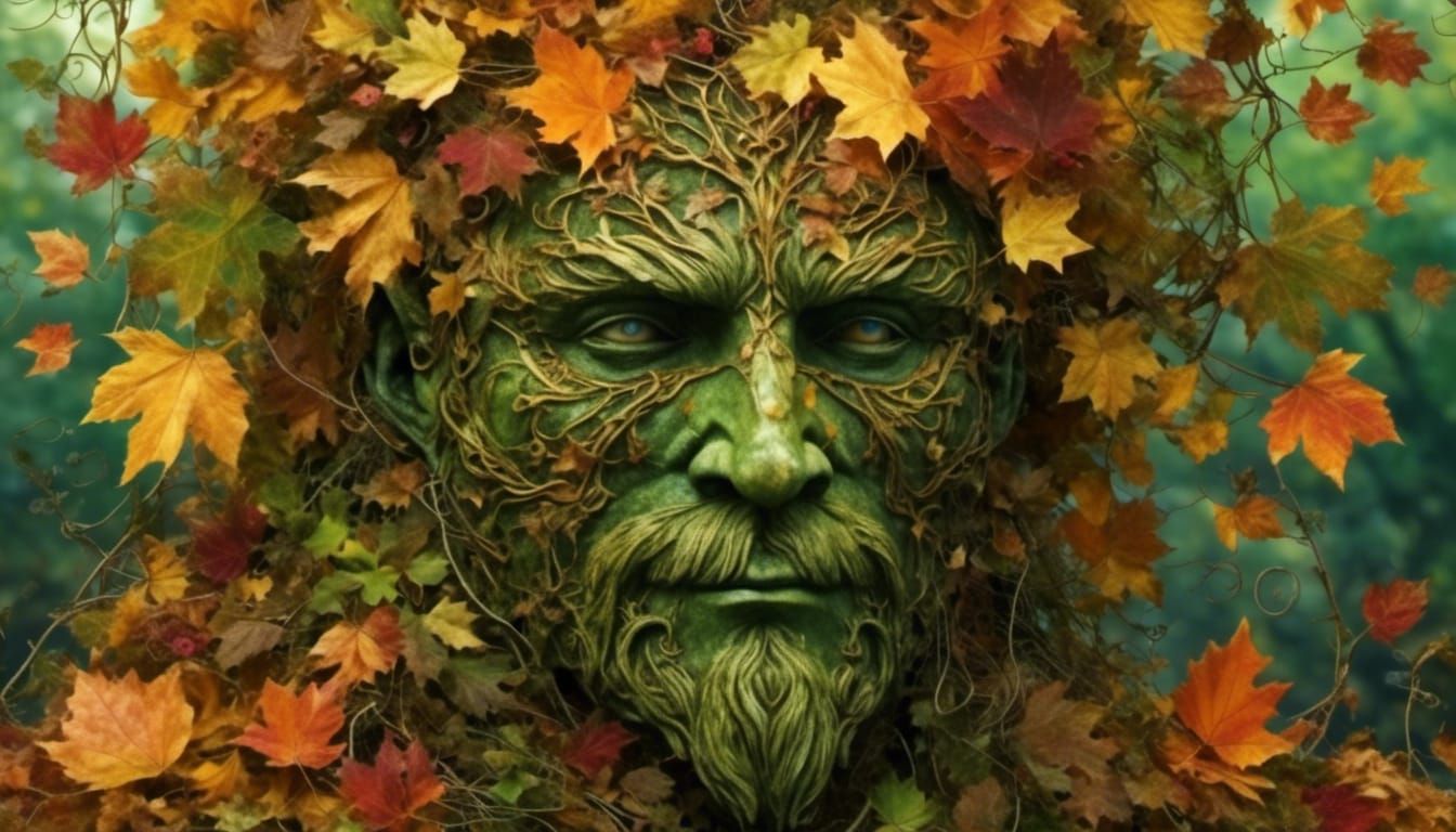 Pagan Green Man Emerges from Autumn Leaves