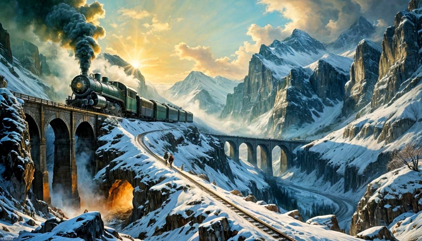 Green Steam Train in Alps Gorge Oil Painting