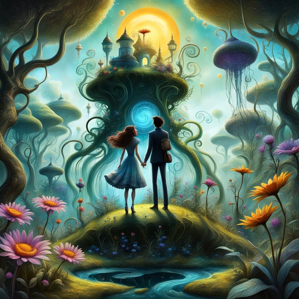 (whimsical Sunshine day,:1.5), a clear day, (whimsicale characters of Tim Burton and of Luis Gabriel Pacheco:1.9) in a j...