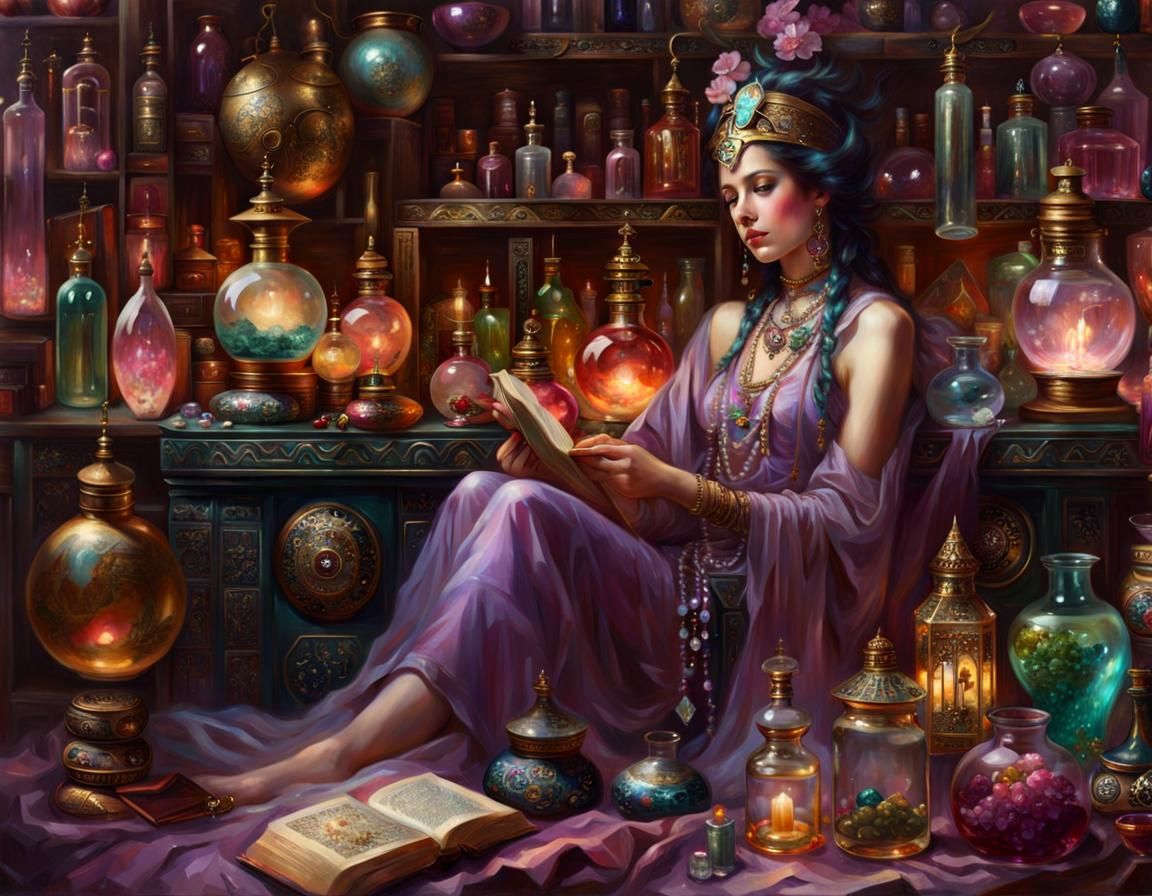 Mage Lounging in Her Apothecary: Hyperdetailed Fantasy Art