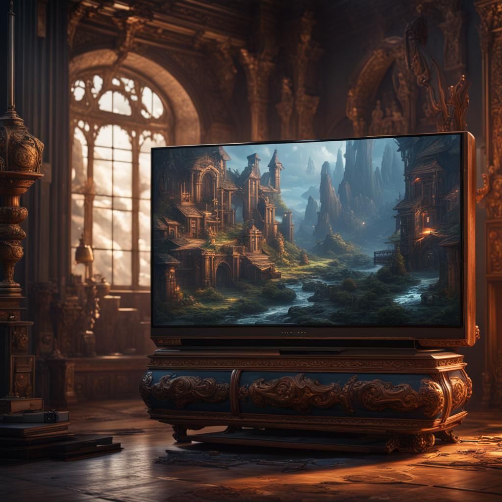 Fantasy Game Console Display in Detailed Matte Painting